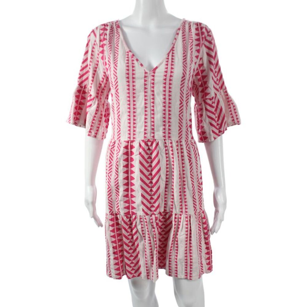Velvet Womens Shift Sundress Pink Cotton V Neck 3/4 Sleeve Aztec Short Size M